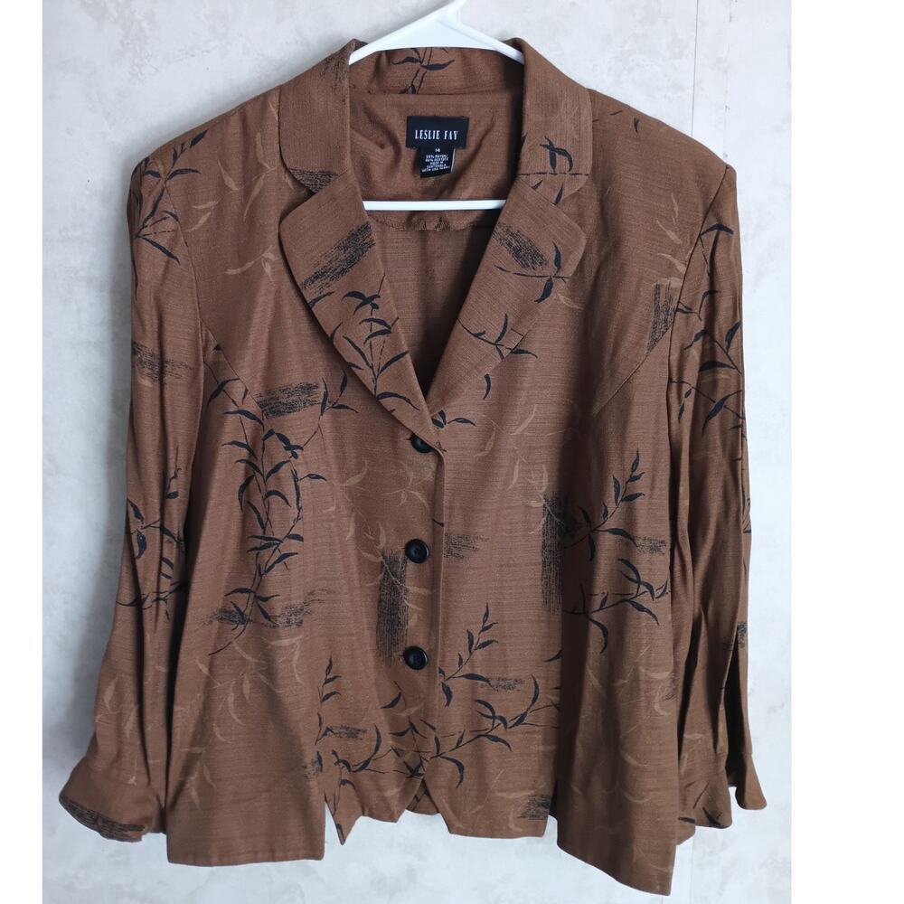 Vintage Leslie Fay Crane Print Blazer Large Rayon Acetate Careercore Artwear Lrg